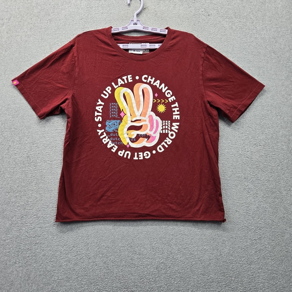 Dutch Bros Coffee Women Shirt X-LARGE Red Graphic Peace Sign Logo Short Sleeve